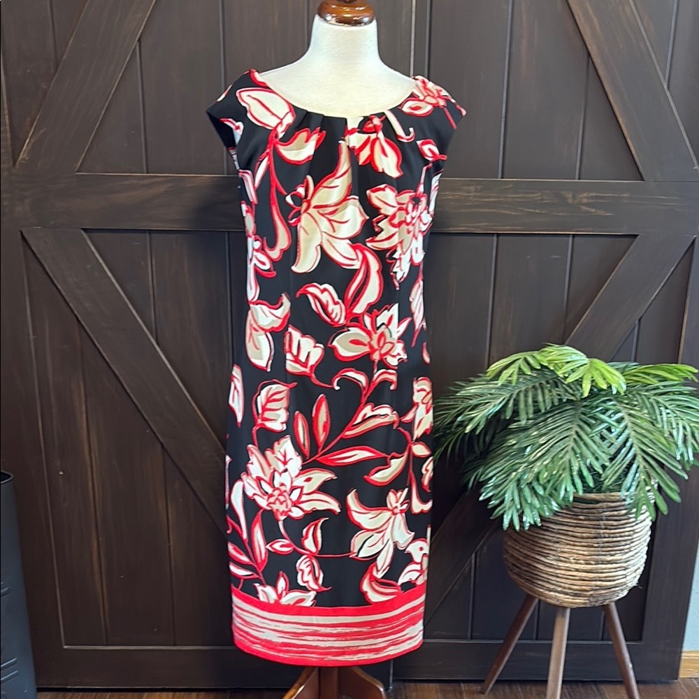 Red and Black Midi Sheath Dress with Cap Sleeves and Bateau Neckline